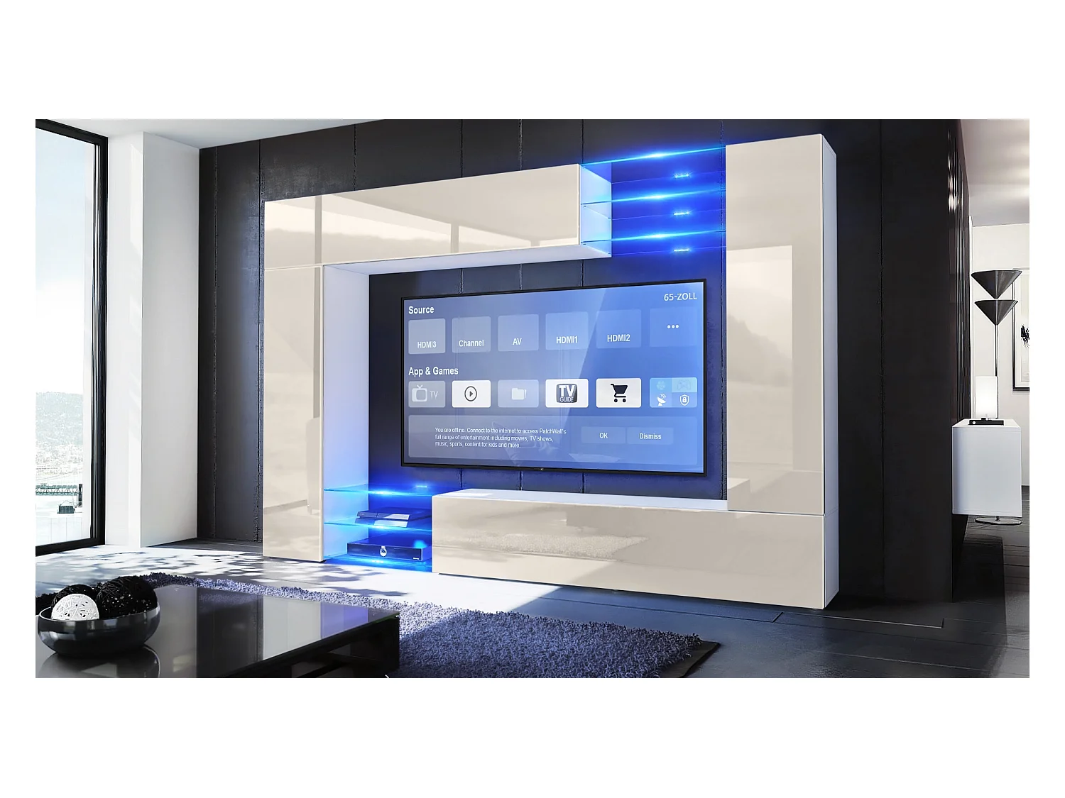 Meuble TV mural Mirage, Ensemble étagère TV et 2 portes, 2 clapets et 6 étagères en verre, Blanc mat/Crème brillant, éclairage LED inclus (262 x 183 x 39 cm)