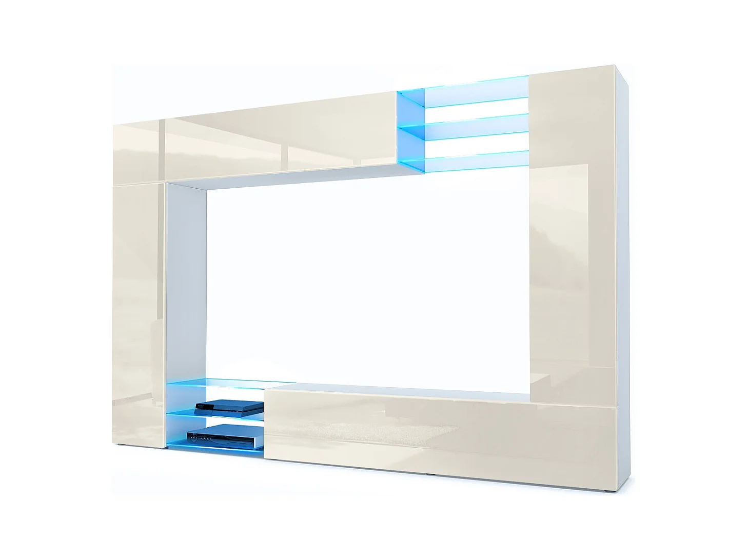Meuble TV mural Mirage, Ensemble étagère TV et 2 portes, 2 clapets et 6 étagères en verre, Blanc mat/Crème brillant, éclairage LED inclus (262 x 183 x 39 cm)