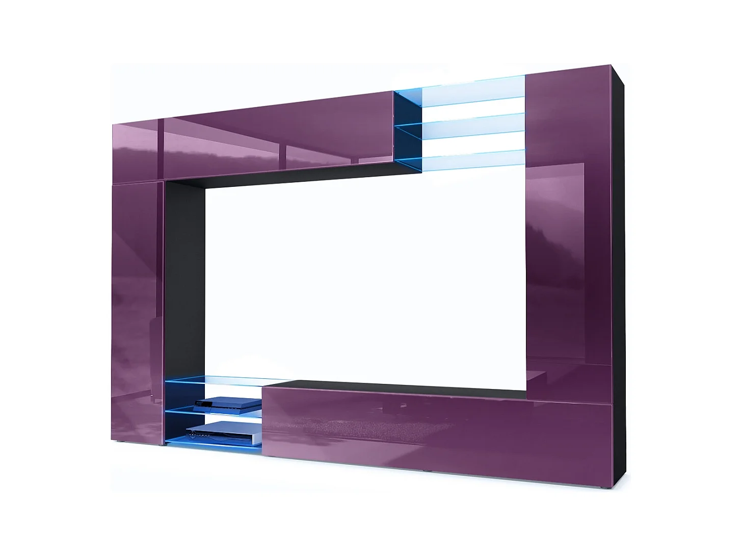 Meuble TV mural Mirage, Ensemble étagère TV et 2 portes, 2 clapets et 6 étagères en verre, Noir mat/Mûre brillant, éclairage LED inlcus (262 x 183 x 39 cm)