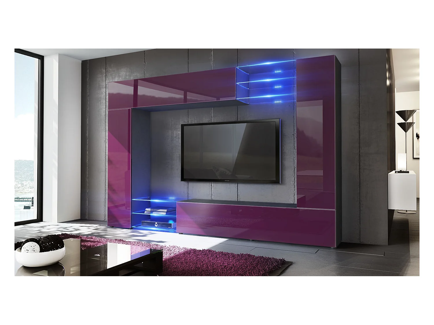 Meuble TV mural Mirage, Ensemble étagère TV et 2 portes, 2 clapets et 6 étagères en verre, Noir mat/Mûre brillant, éclairage LED inlcus (262 x 183 x 39 cm)