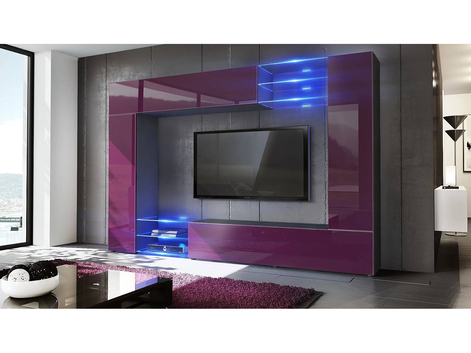 WOHNWAND Mirage Front in Brombeer Hochglanz