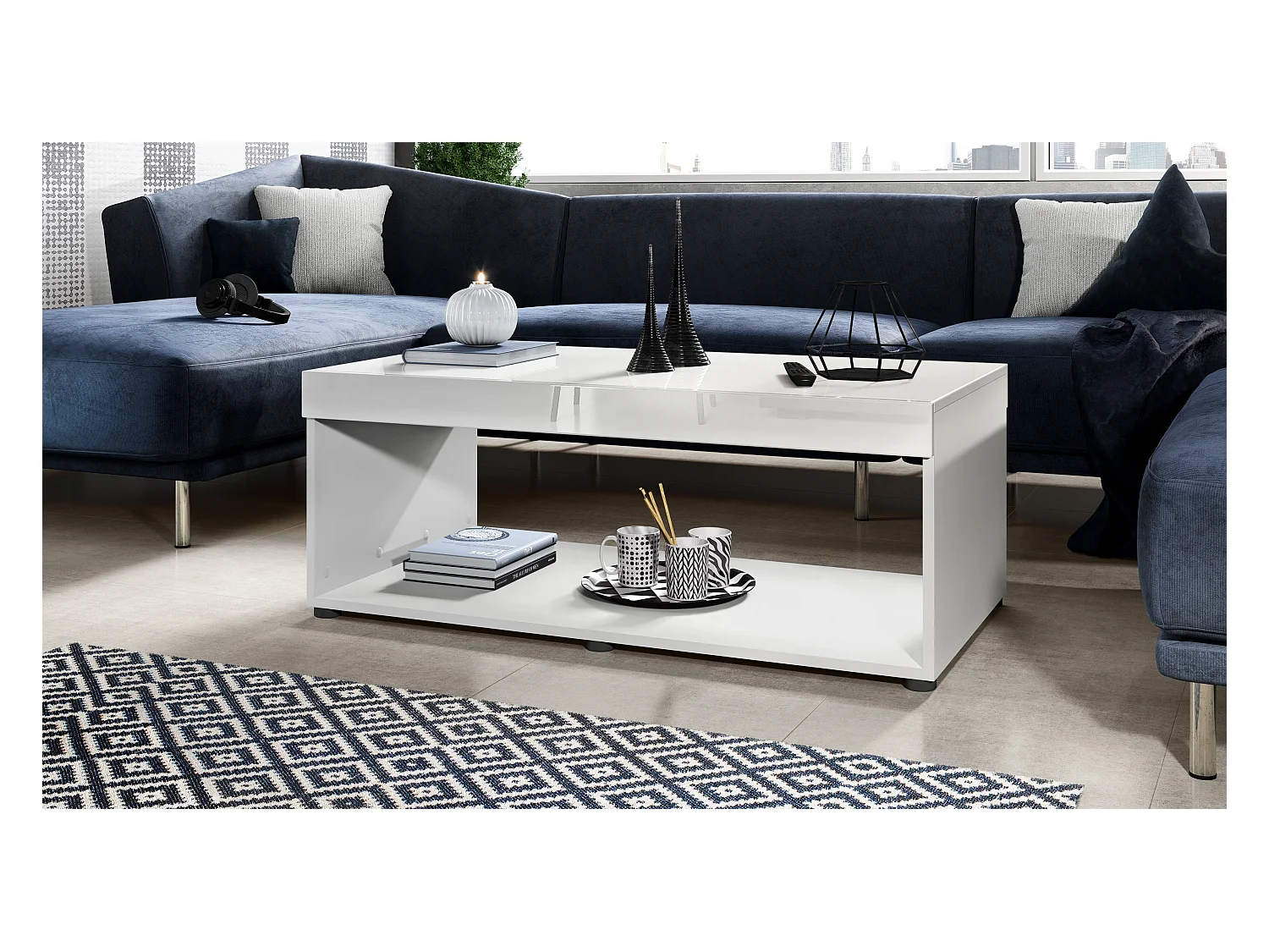 Table de salon Pure, Table basse rectangulaire, Blanc mat/Blanc haute brillance (104 x 40,5 x 58 cm)