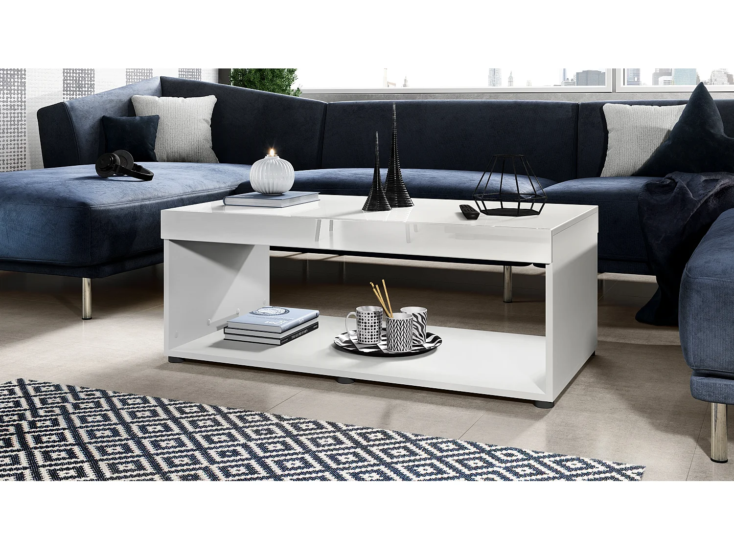 Tavolino  Pure, Tavolo da soggiorno a forma di scatola, bianco opaco/bianco lucido (104 x 40,5 x 58 cm)