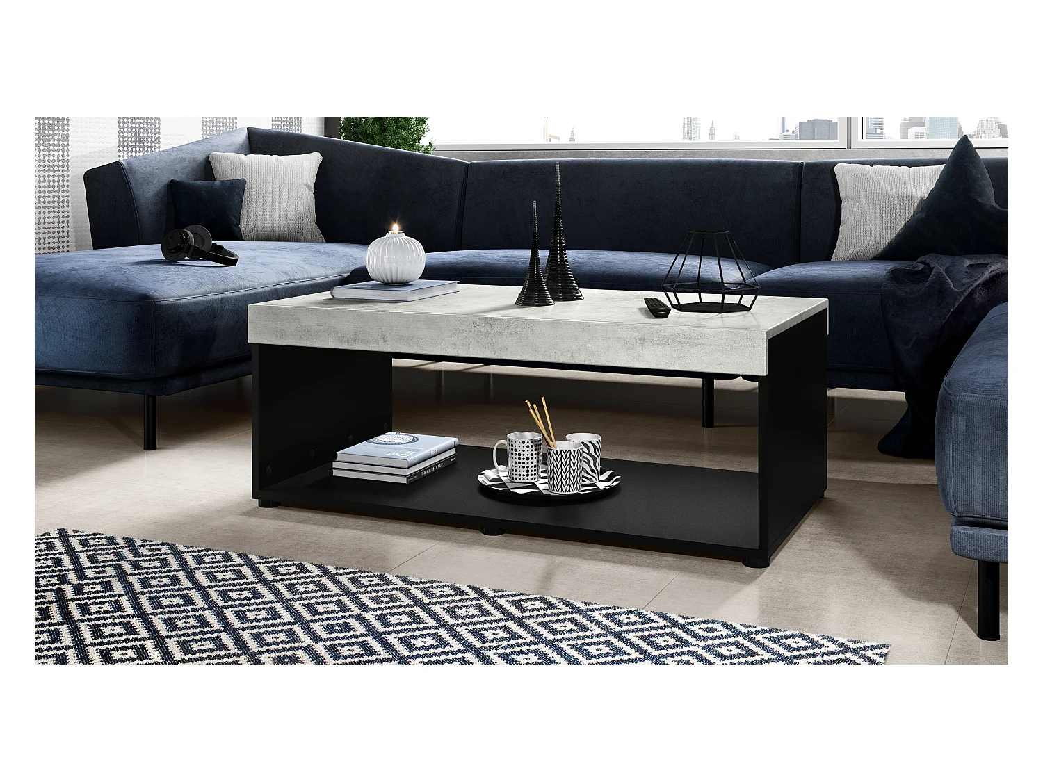 Table de salon Pure, Table basse rectangulaire, Noir mat/Aspect Béton Oxyde (104 x 40,5 x 58 cm)