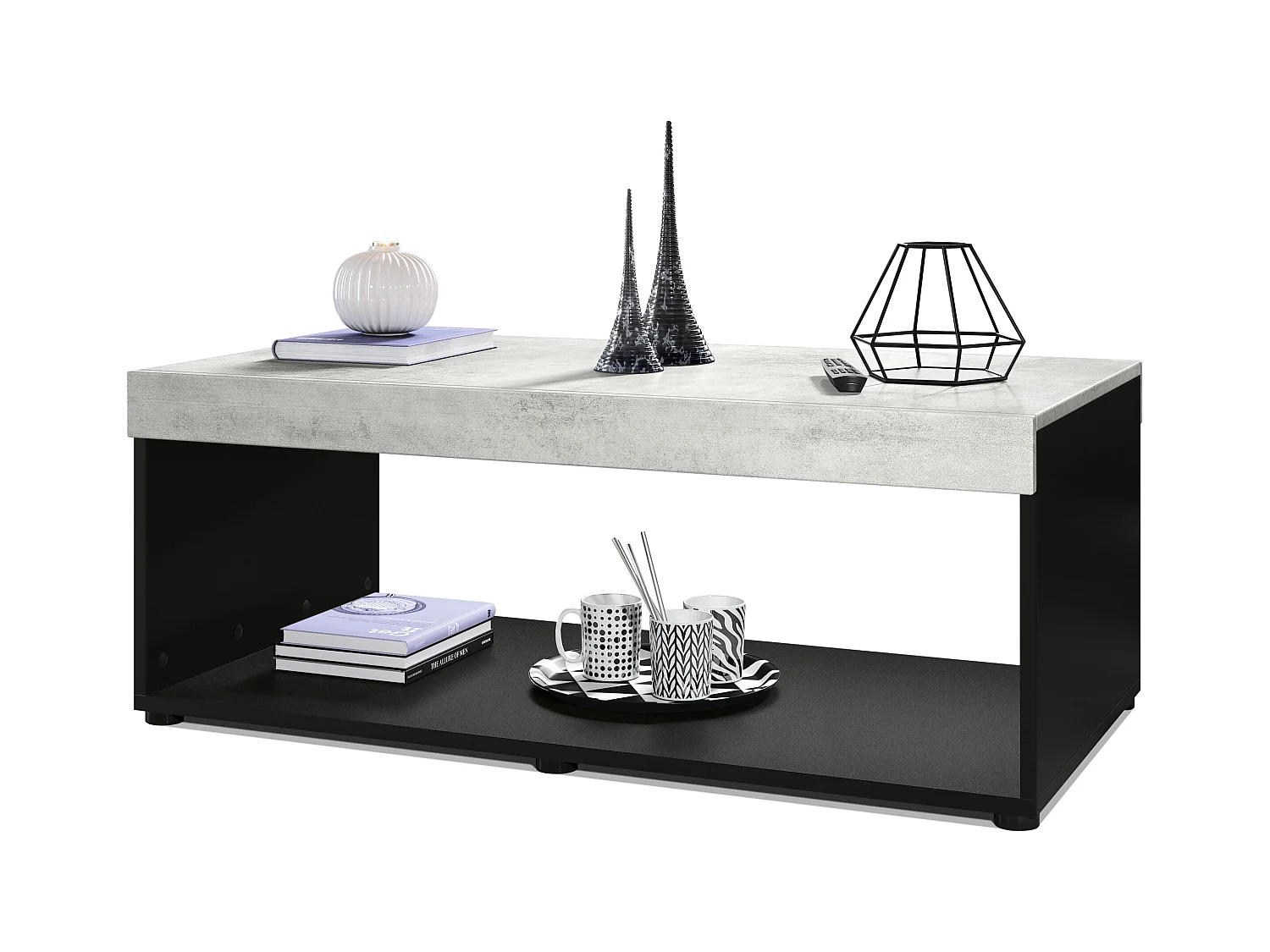 Table de salon Pure, Table basse rectangulaire, Noir mat/Aspect Béton Oxyde (104 x 40,5 x 58 cm)