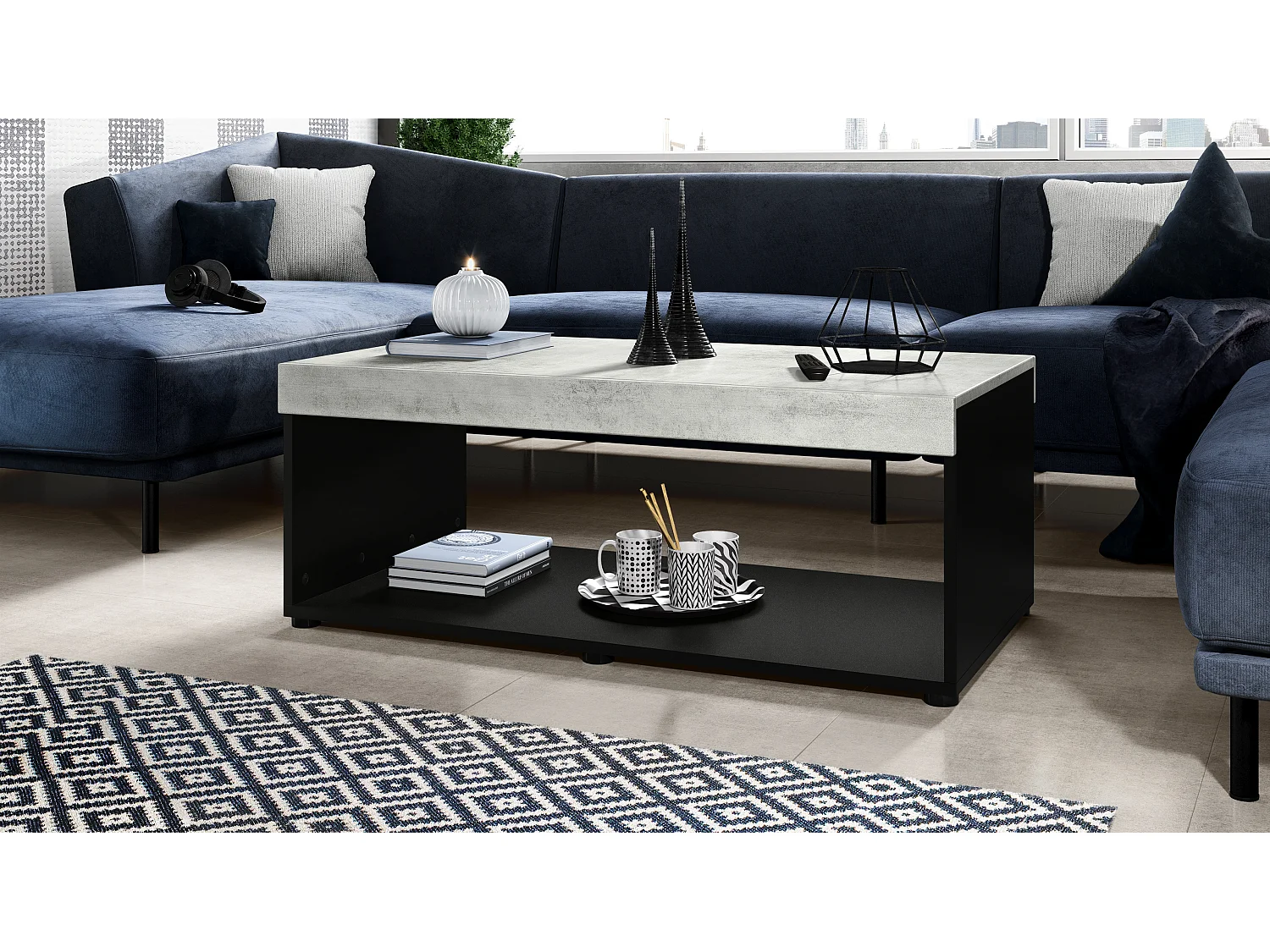 Tavolino  Pure, Tavolo da soggiorno a forma di scatola, nero opaco/ossido di grigio cemento (104 x 40,5 x 58 cm)