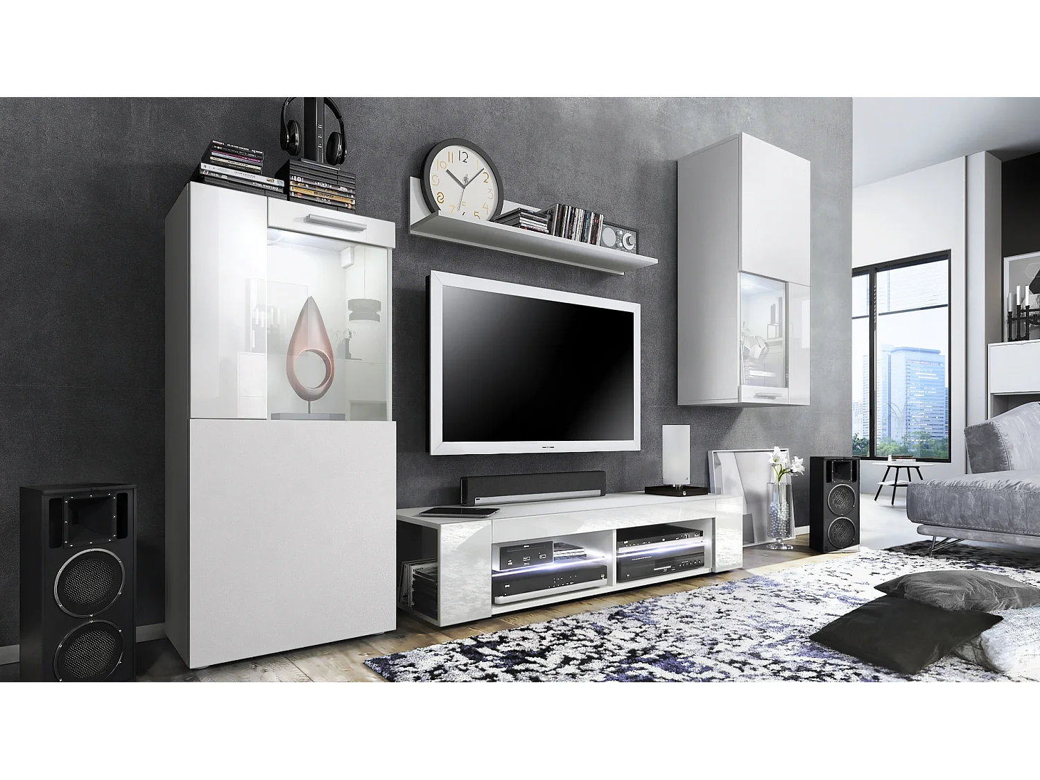 Ensemble de salon Movie comprenant 1 meuble bas TV, 2 vitrines et 1 étagère, Blanc mat/Blanc haute brillance, (Dimensions totales : 300 x 190 x 39 cm)