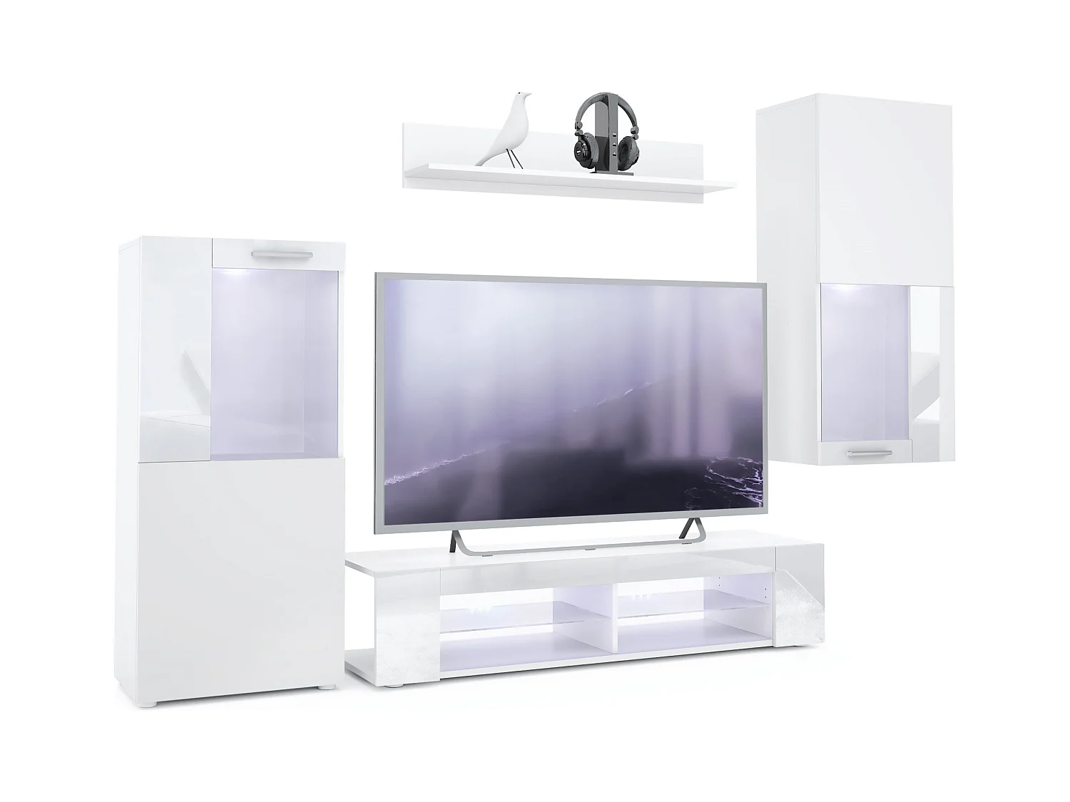 Ensemble de salon Movie comprenant 1 meuble bas TV, 2 vitrines et 1 étagère, Blanc mat/Blanc haute brillance, (Dimensions totales : 300 x 190 x 39 cm)