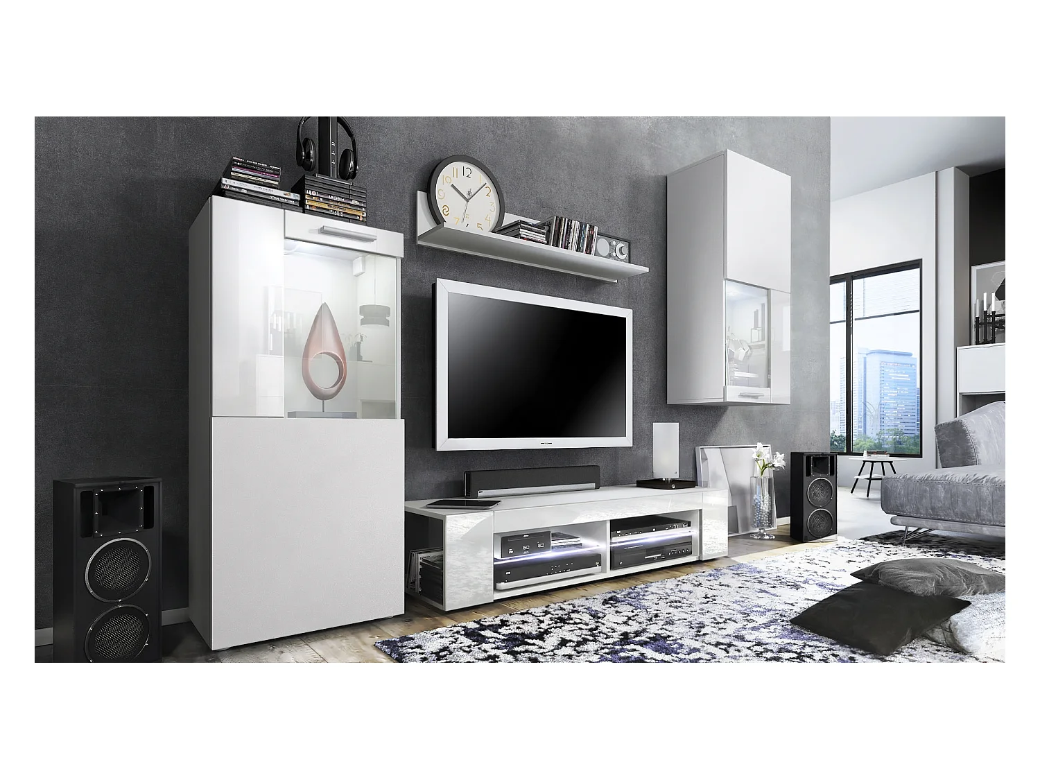 Ensemble de salon Movie comprenant 1 meuble bas TV, 2 vitrines et 1 étagère, Blanc mat/Blanc haute brillance, (Dimensions totales : 300 x 190 x 39 cm)