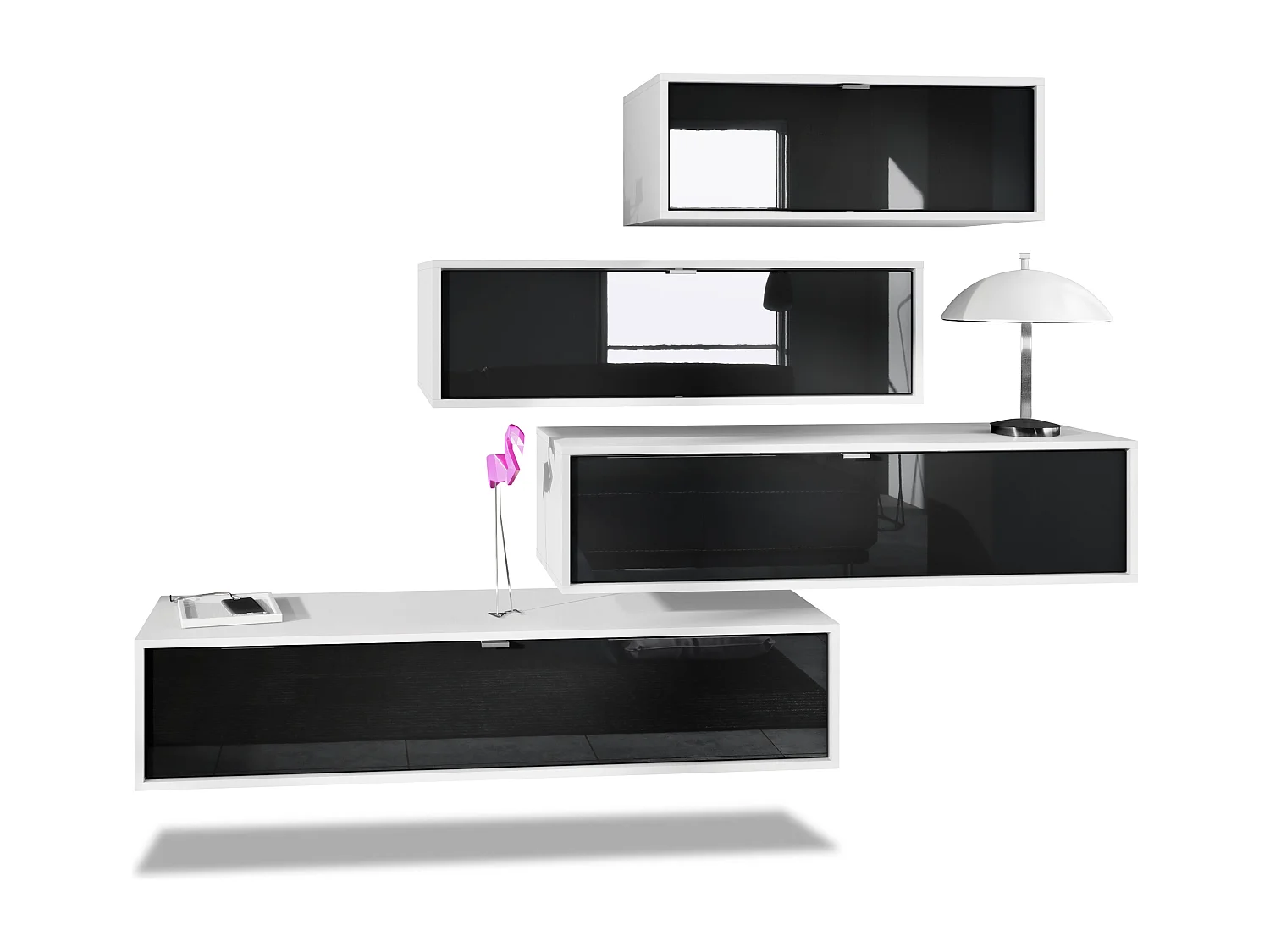 Parete attrezzata Lana V3 Centro di intrattenimento a 4 elementi sospesi con 10 ripiani, struttura in bianco opaco, frontali in nero lucido