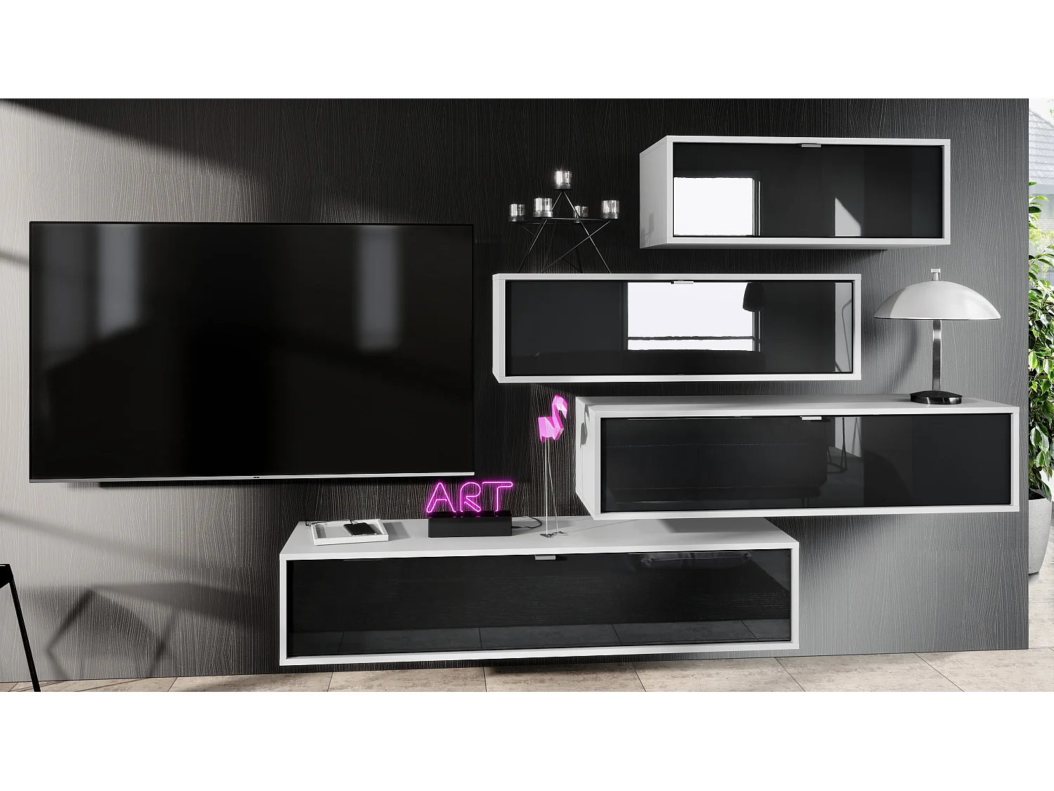 Parete attrezzata Lana V3 Centro di intrattenimento a 4 elementi sospesi con 10 ripiani, struttura in bianco opaco, frontali in nero lucido