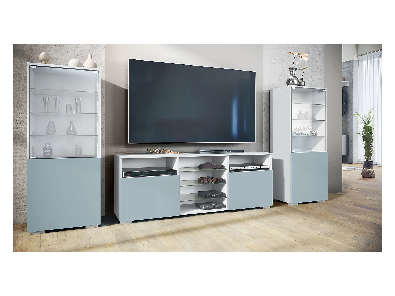 Ensemble mural Granada pour salon, comprenant 2 vitrines et 1 meuble TV, False/denim mat (286 x 122,5 x 35 cm)