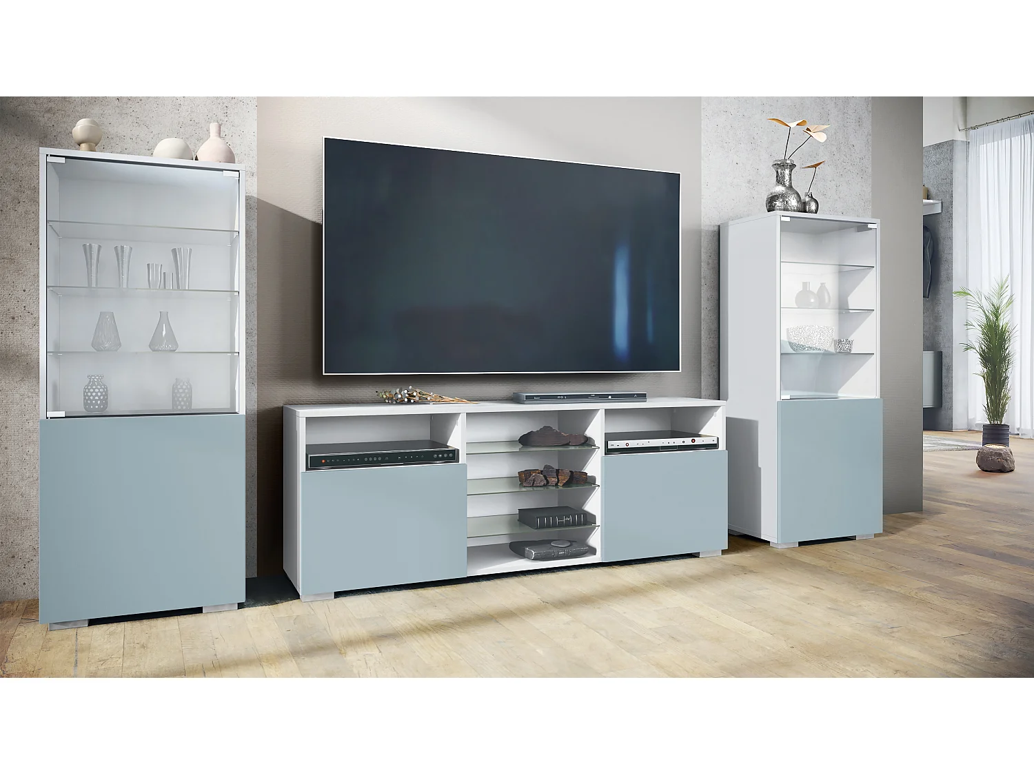 Ensemble mural Granada pour salon, comprenant 2 vitrines et 1 meuble TV, False/denim mat (286 x 122,5 x 35 cm)