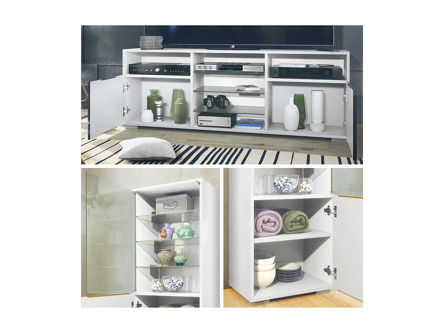 Ensemble mural Granada pour salon, comprenant 2 vitrines et 1 meuble TV, False/denim mat (286 x 122,5 x 35 cm)