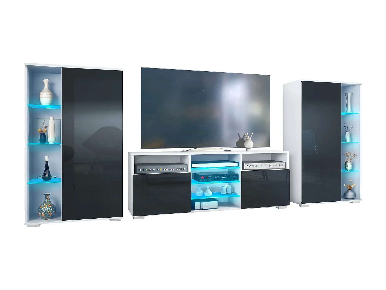 Mobile parete Davos per soggiorno, composto da 2 vetrine e 1 mobile TV, bianco opaco/nero lucido incl. illuminazione a LED (329 x 134 x 35 cm)