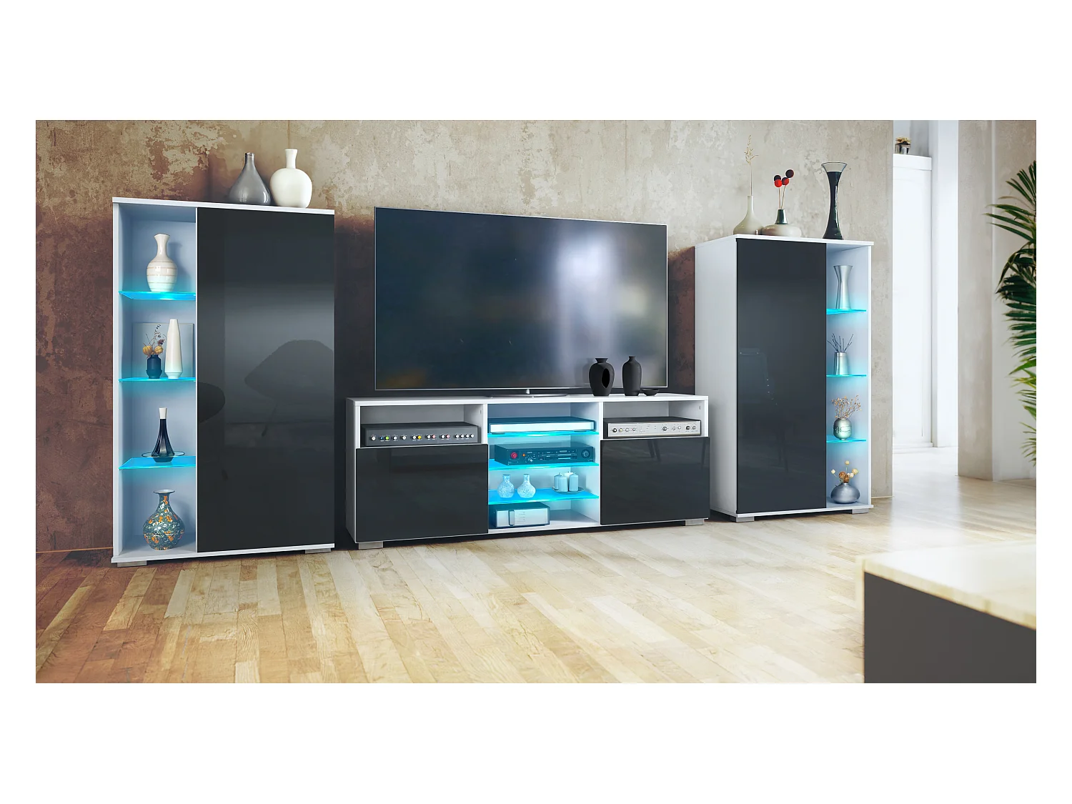 Mobile parete Davos per soggiorno, composto da 2 vetrine e 1 mobile TV, bianco opaco/nero lucido incl. illuminazione a LED (329 x 134 x 35 cm)