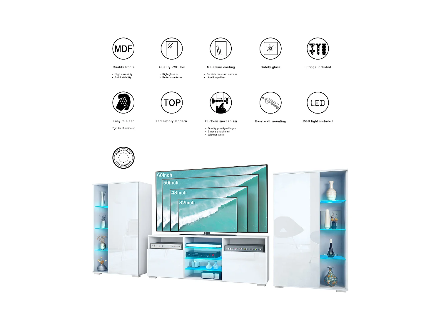 Mobile parete Davos per soggiorno, composto da 2 vetrine e 1 mobile TV, bianco opaco/nero lucido incl. illuminazione a LED (329 x 134 x 35 cm)