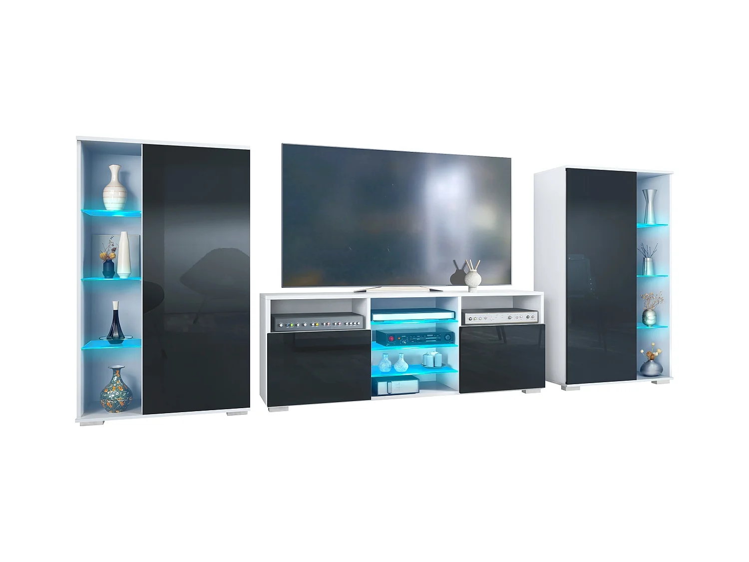 Ensemble mural Davos pour salon, comprenant 2 vitrines et 1 meuble TV, blanc mat/noir haute brillance éclairage LED inclus (329 x 134 x 35 cm)