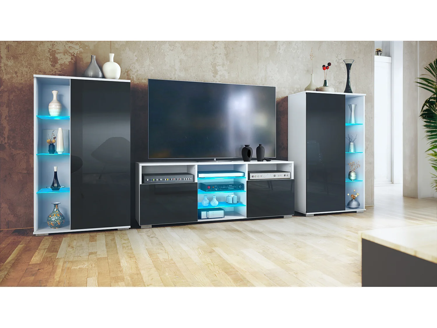 Ensemble mural Davos pour salon, comprenant 2 vitrines et 1 meuble TV, blanc mat/noir haute brillance éclairage LED inclus (329 x 134 x 35 cm)