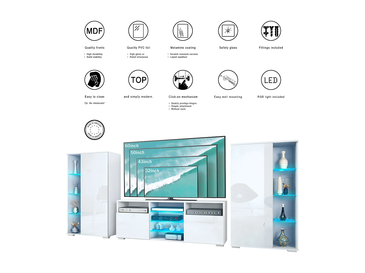 Ensemble mural Davos pour salon, comprenant 2 vitrines et 1 meuble TV, blanc mat/noir haute brillance éclairage LED inclus (329 x 134 x 35 cm)