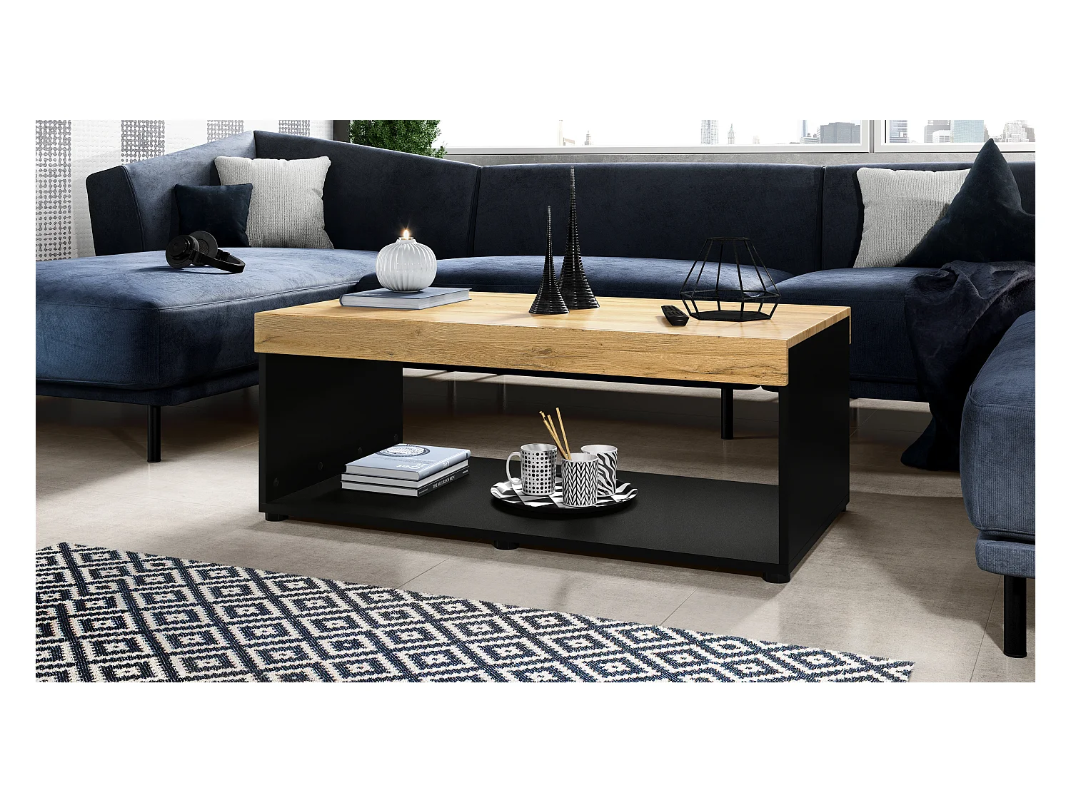 Table de salon Pure, Table basse rectangulaire, Noir mat/Chêne Nature (104 x 40,5 x 58 cm)