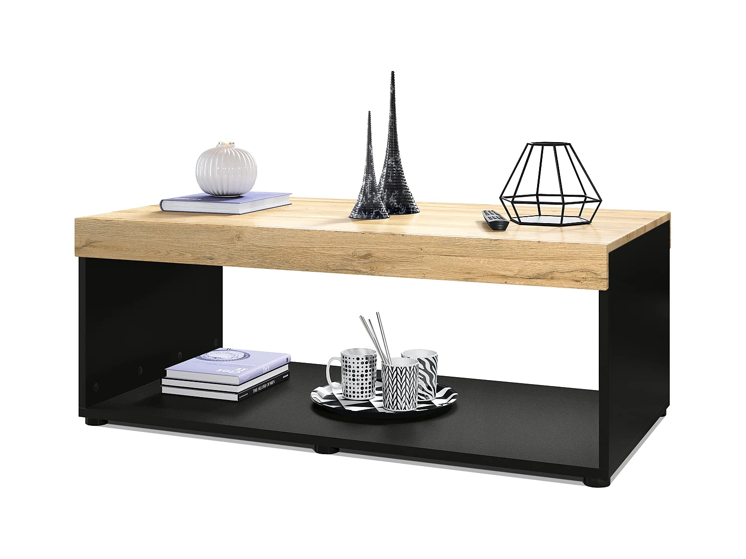 Table de salon Pure, Table basse rectangulaire, Noir mat/Chêne Nature (104 x 40,5 x 58 cm)