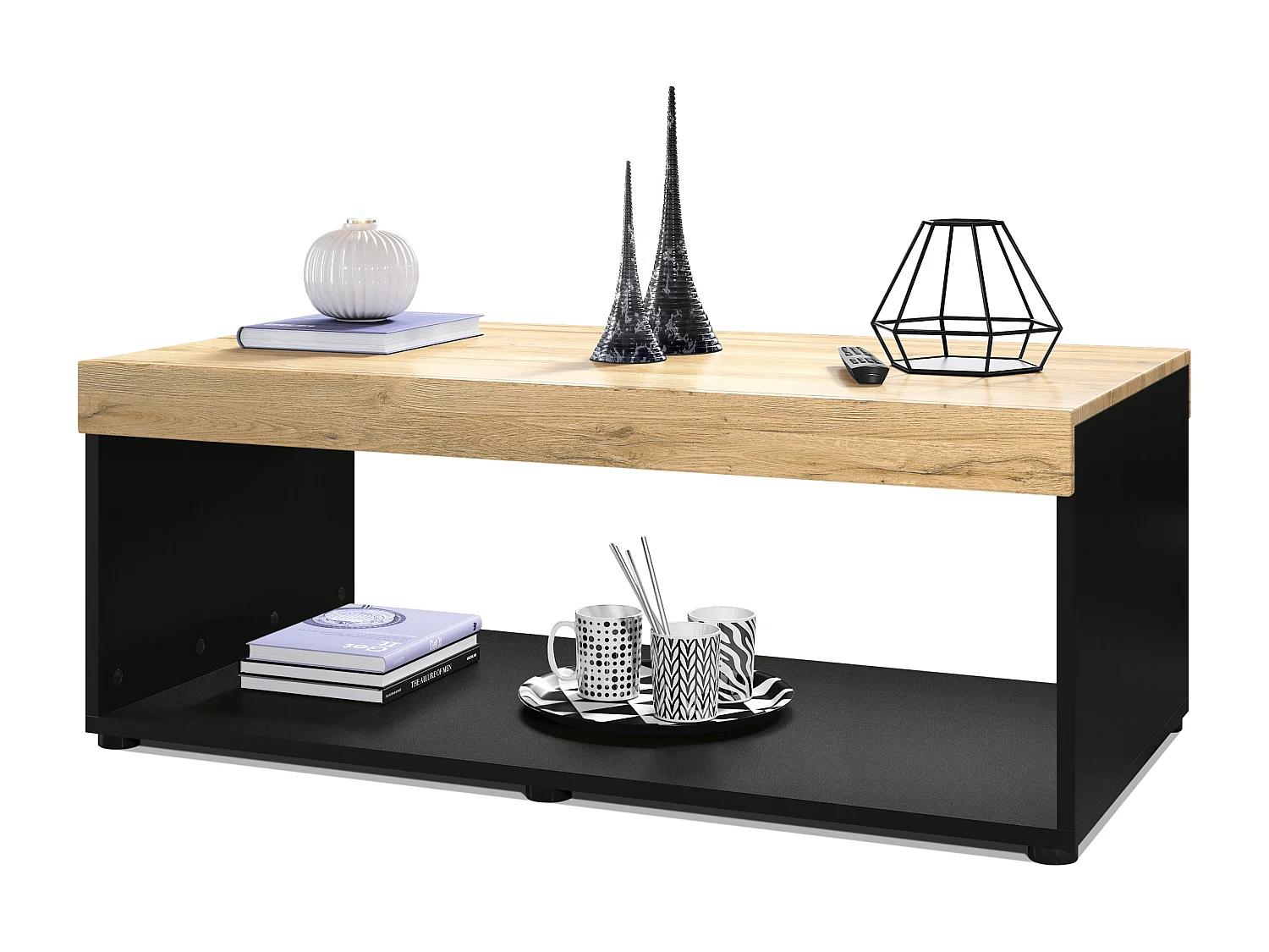 Tavolino  Pure, Tavolo da soggiorno a forma di scatola, nero opaco/quercia naturale (104 x 40,5 x 58 cm)