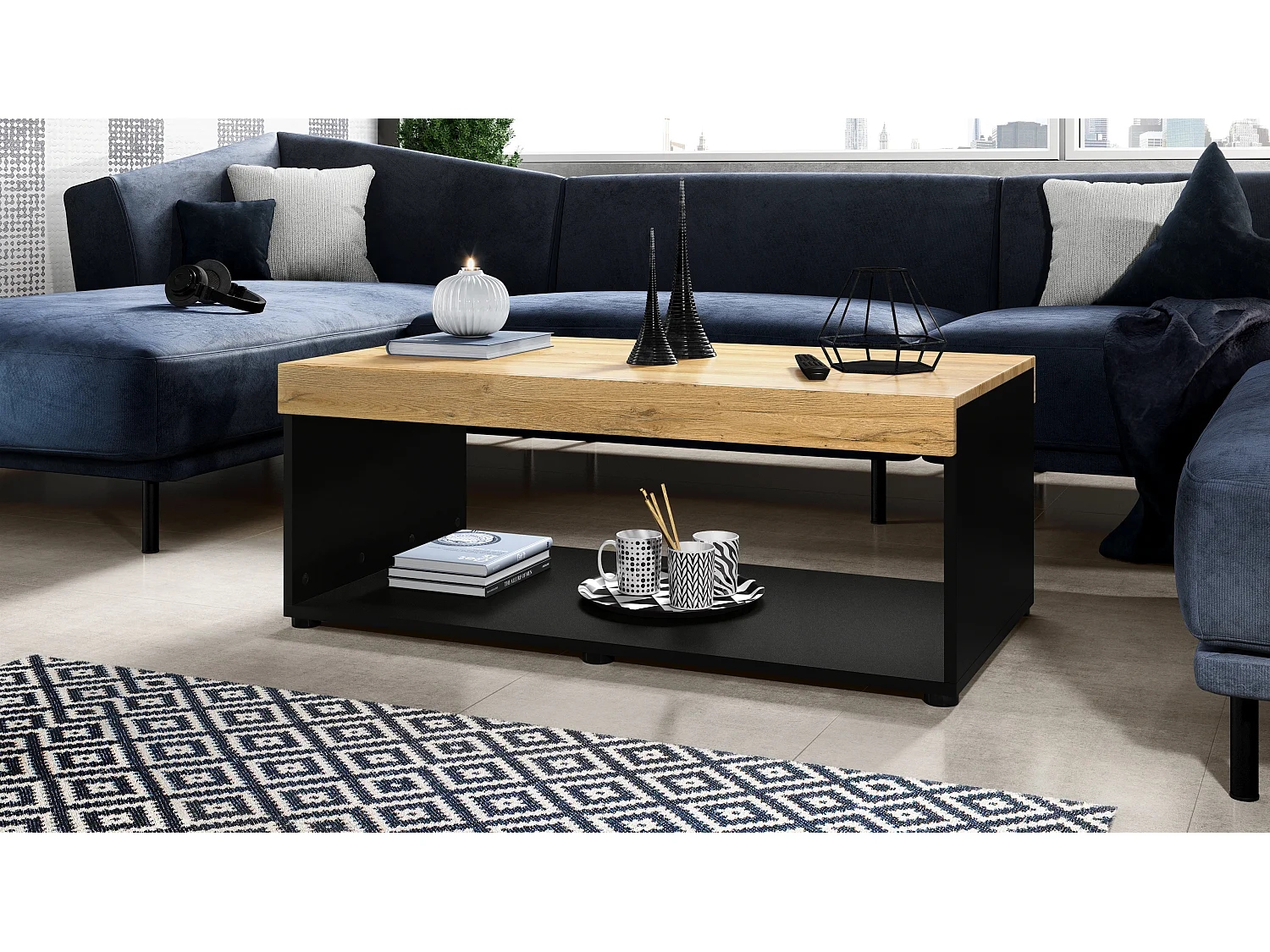 Tavolino  Pure, Tavolo da soggiorno a forma di scatola, nero opaco/quercia naturale (104 x 40,5 x 58 cm)