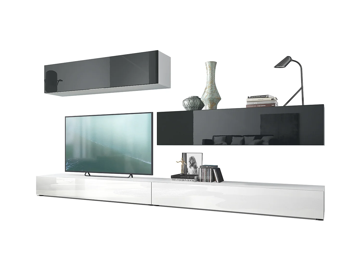 Porta TV  a parete Nublo, struttura in bianco opaco / frontali in bianco e nero lucido