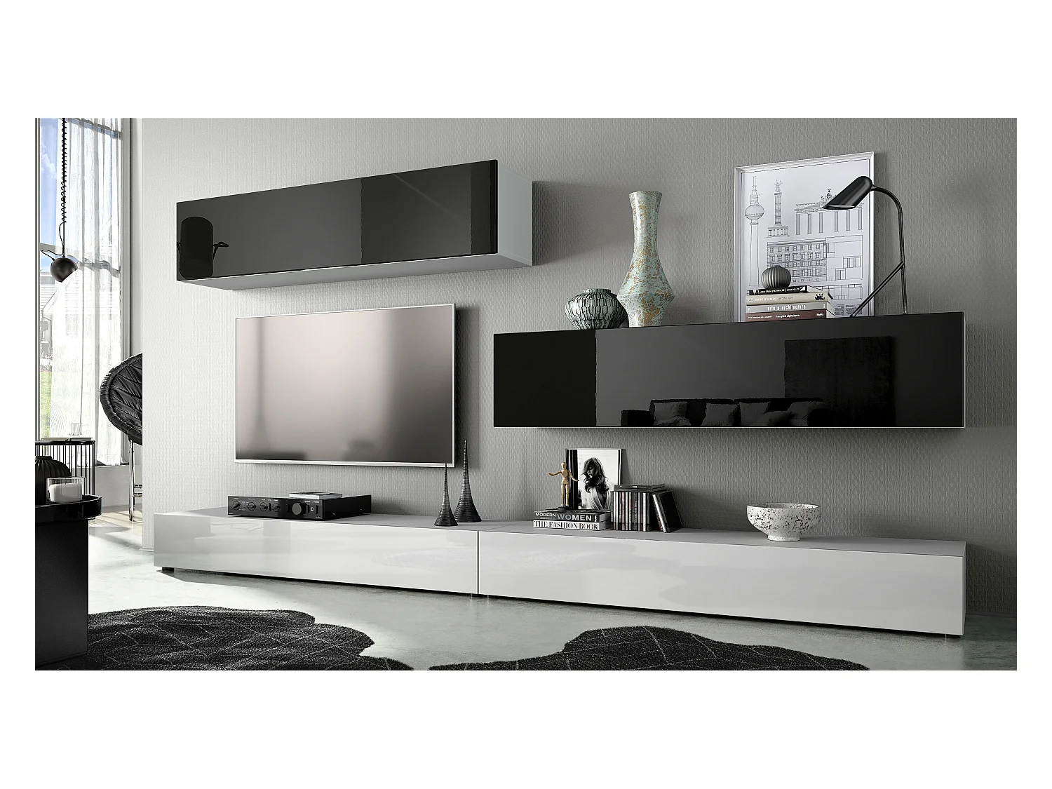 Porta TV  a parete Nublo, struttura in bianco opaco / frontali in bianco e nero lucido