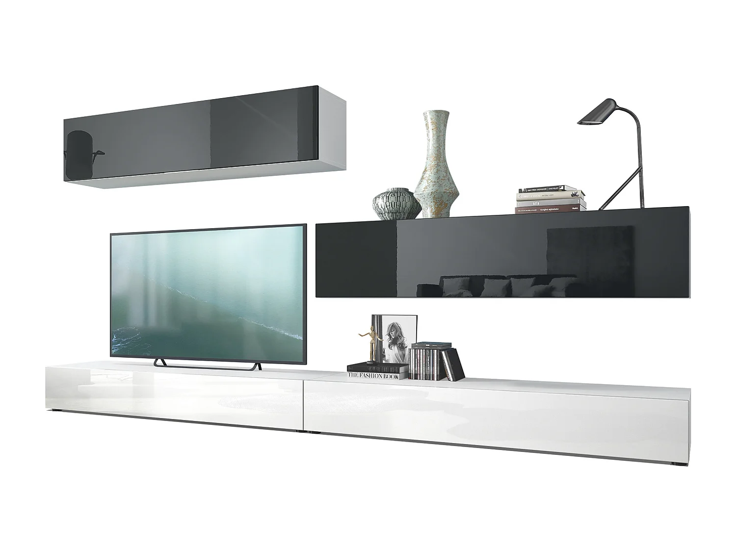 Combinaison murale Armoire Nublo, Corps en Blanc mat / Façades en Blanc haute brillance et Noir haute brillance