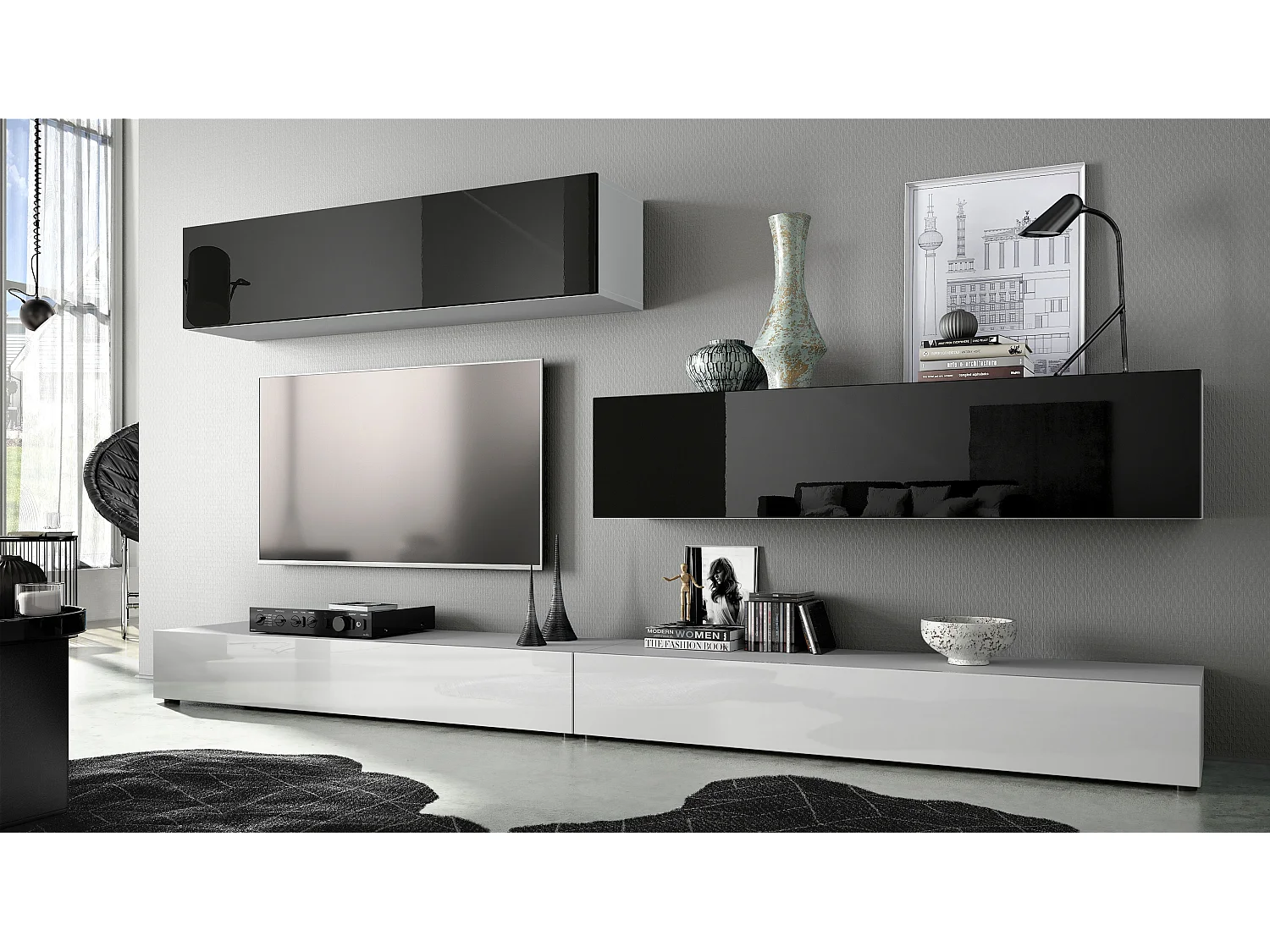 Combinaison murale Armoire Nublo, Corps en Blanc mat / Façades en Blanc haute brillance et Noir haute brillance