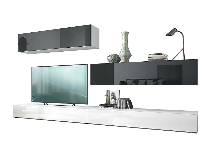 Combinaison murale Armoire Nublo, Corps en Blanc mat / Façades en Blanc haute brillance et Noir haute brillance