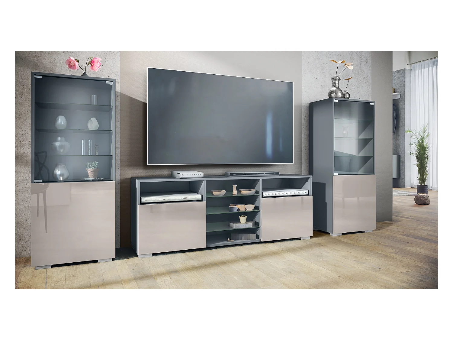 Ensemble mural Granada pour salon, comprenant 2 vitrines et 1 meuble TV, anthracite mat/gris sable haute brillance (286 x 122,5 x 35 cm)