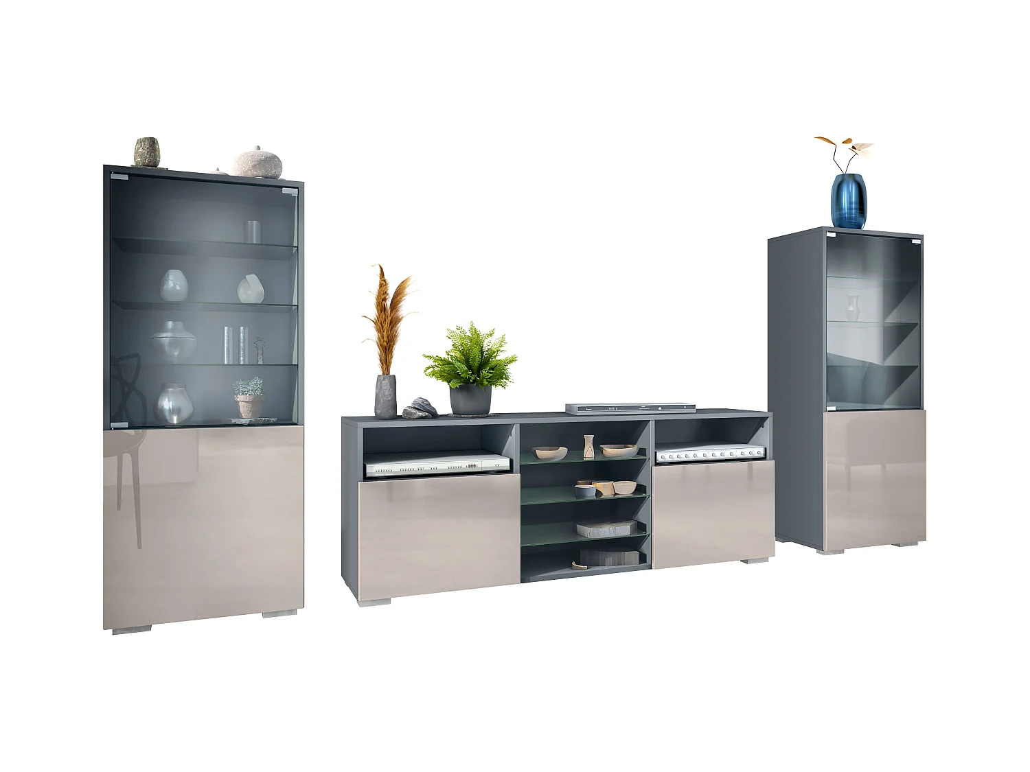 Ensemble mural Granada pour salon, comprenant 2 vitrines et 1 meuble TV, anthracite mat/gris sable haute brillance (286 x 122,5 x 35 cm)