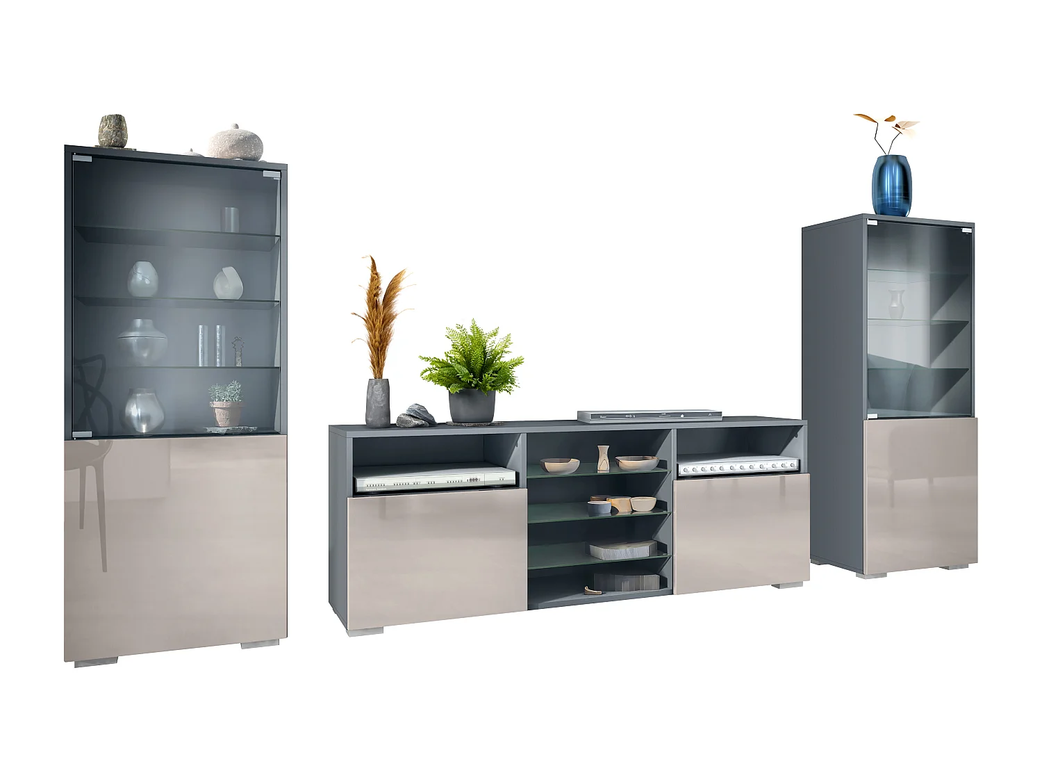 Mueble de pared Granada para sala de estar, compuesto por 2 vitrinas y 1 mueble de TV,antracita mate/gris arena de alto brillo (286 x 122,5 x 35 cm)