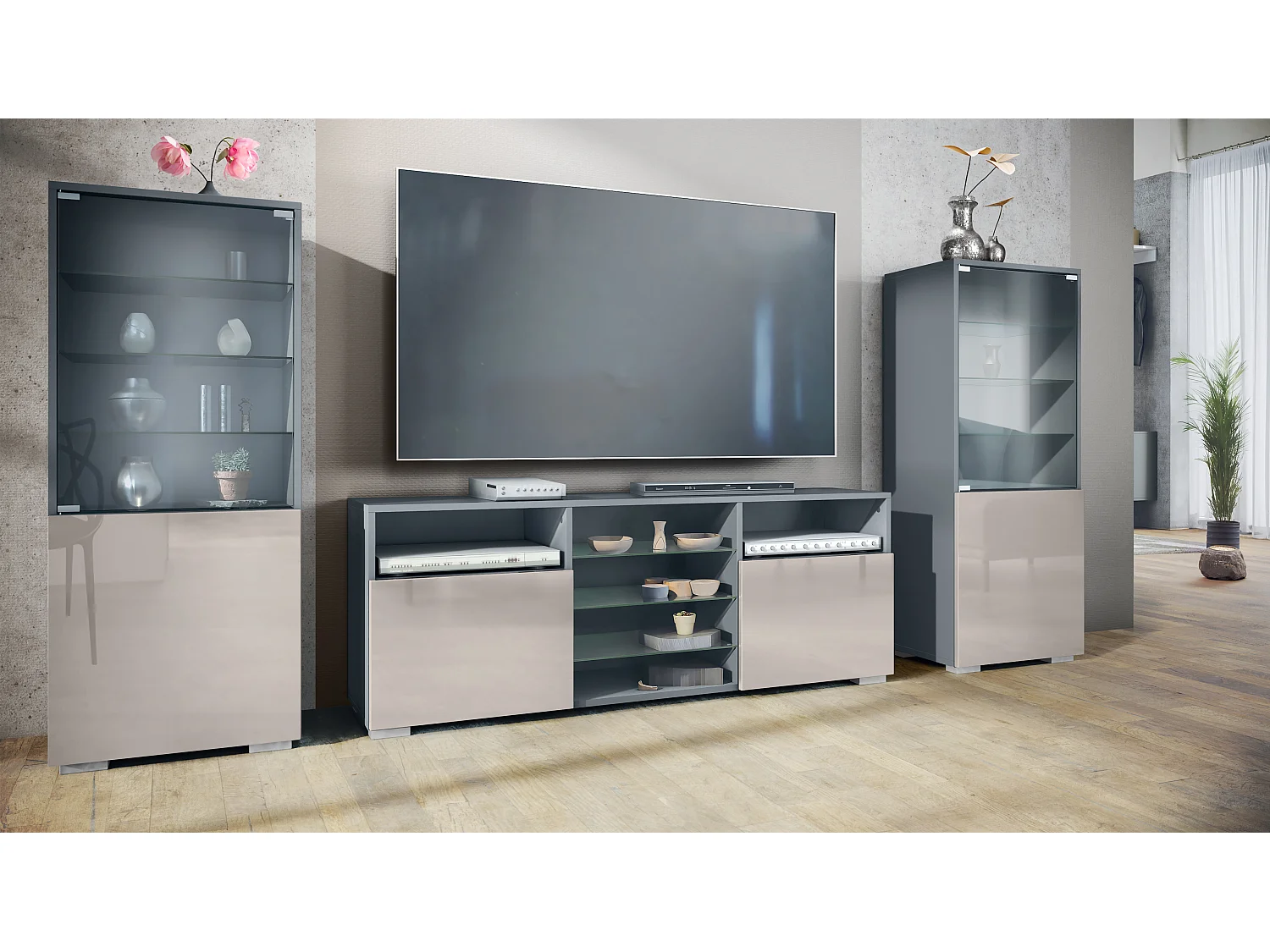 Mueble de pared Granada para sala de estar, compuesto por 2 vitrinas y 1 mueble de TV,antracita mate/gris arena de alto brillo (286 x 122,5 x 35 cm)