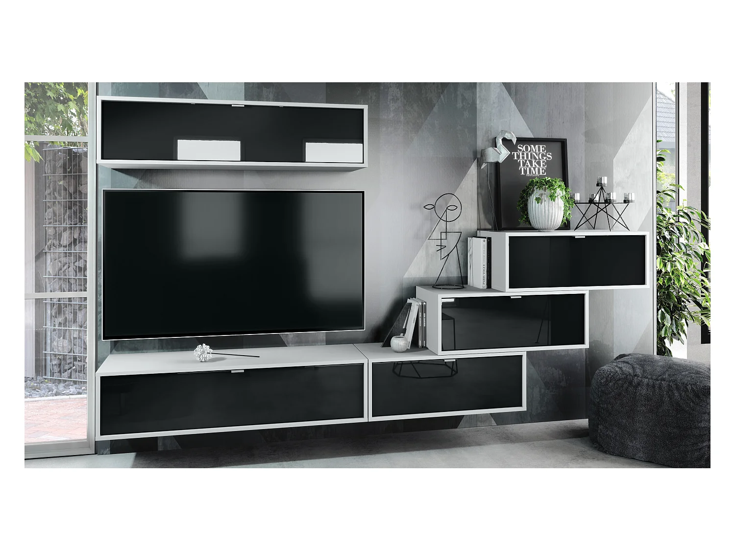 Unité murale Lana V1 composée de 5 unités murales à 12 compartiments, caisson en Blanc mat, façades en Noir haute brillance | Grand choix de couleurs