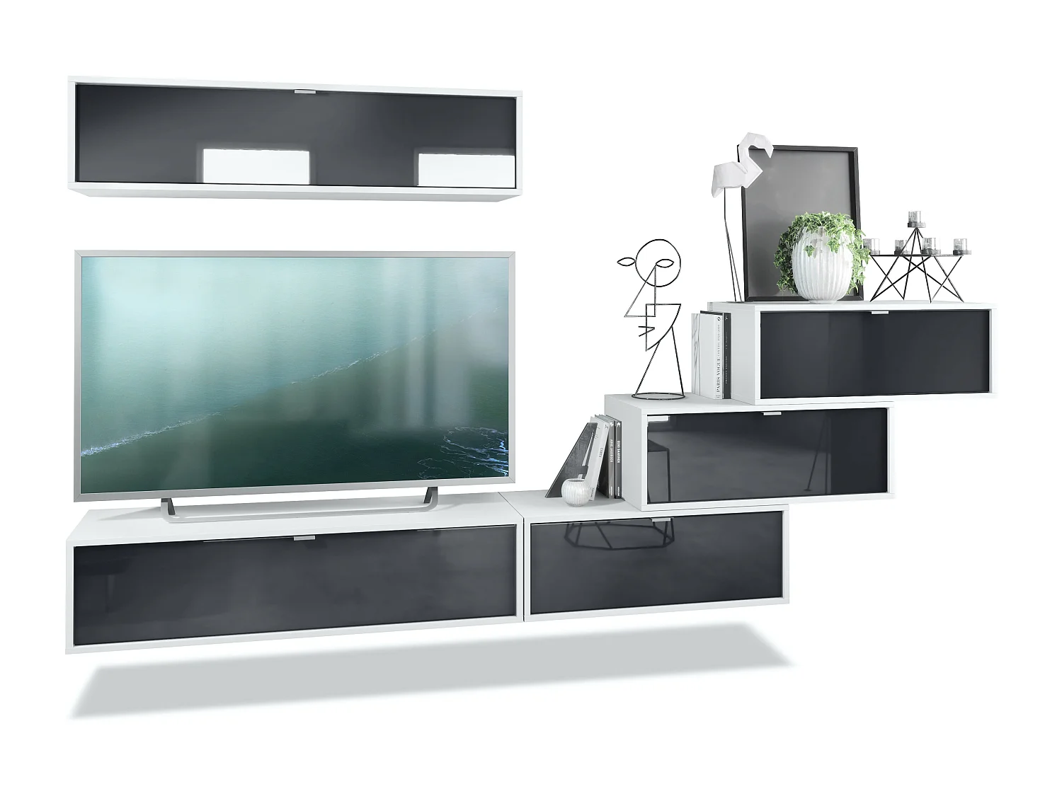 Pensile Lana V1 Entertainment Center di 5 elementi sospesi con 12 ripiani, struttura in bianco opaco, frontali in nero High Gloss