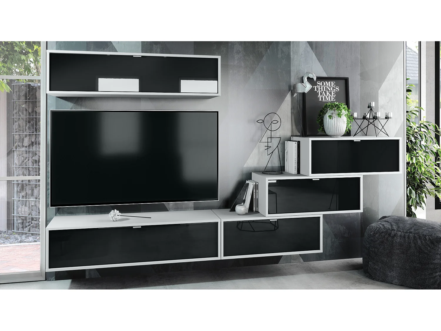 Pensile Lana V1 Entertainment Center di 5 elementi sospesi con 12 ripiani, struttura in bianco opaco, frontali in nero High Gloss