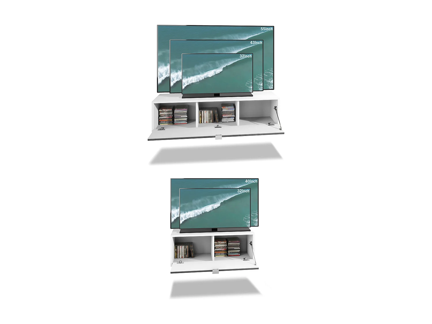 Pensile Lana V1 Entertainment Center di 5 elementi sospesi con 12 ripiani, struttura in bianco opaco, frontali in nero High Gloss