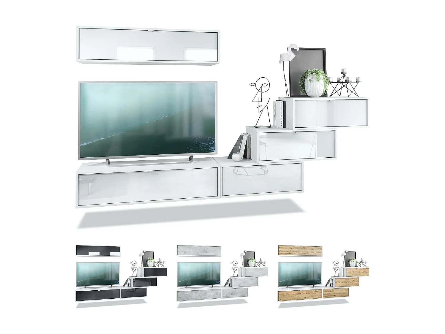 Pensile Lana V1 Entertainment Center di 5 elementi sospesi con 12 ripiani, struttura in bianco opaco, frontali in nero High Gloss