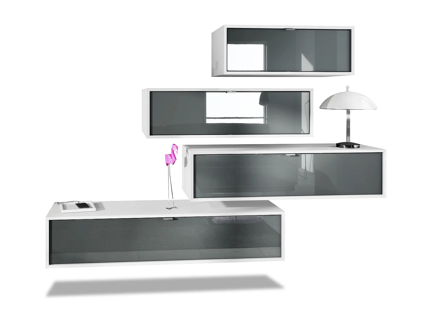 Parete attrezzata Lana V3 Centro di intrattenimento di 4 elementi sospesi con 10 ripiani, struttura in bianco opaco, frontali in grigio lucido