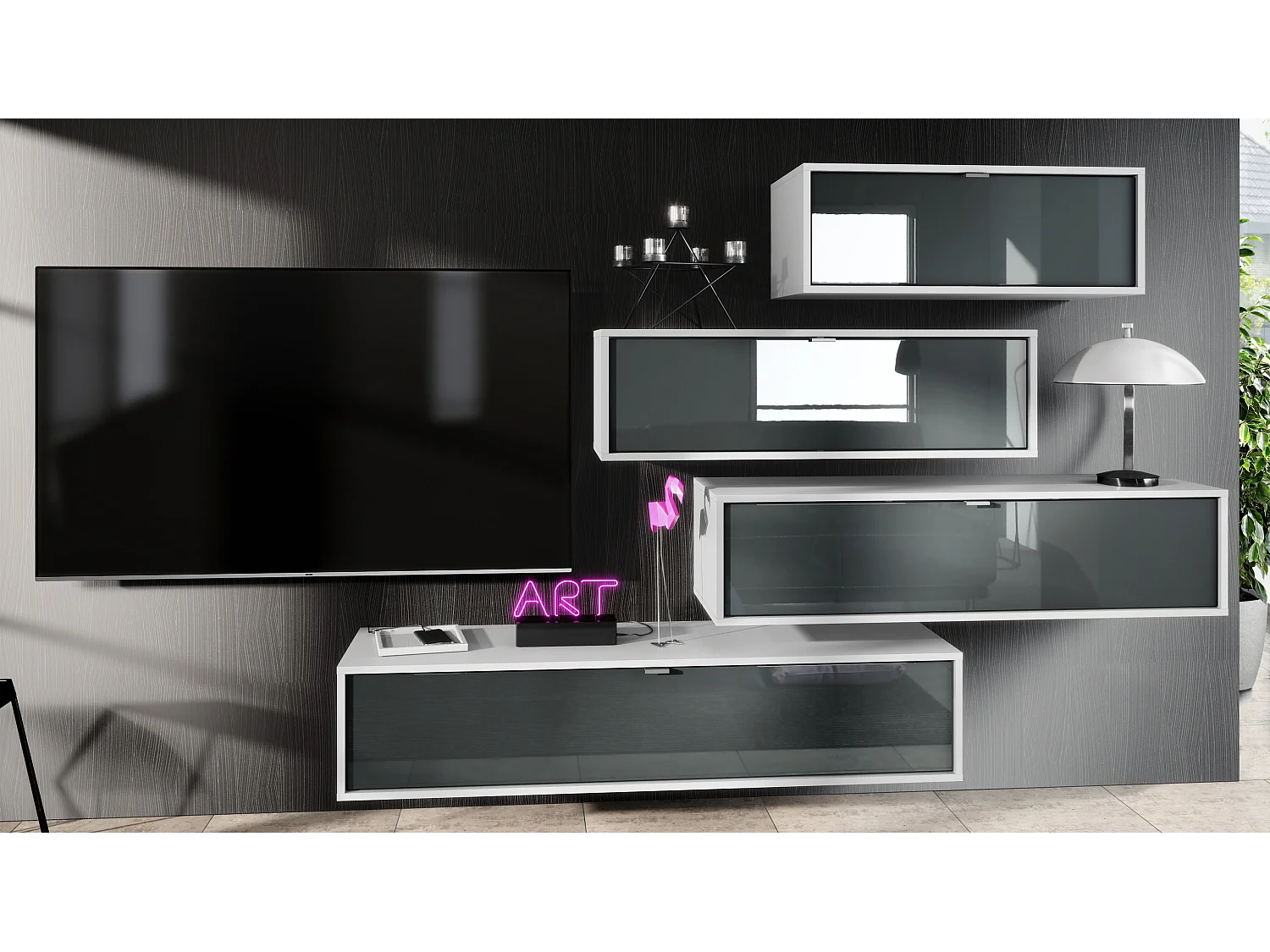 Parete attrezzata Lana V3 Centro di intrattenimento di 4 elementi sospesi con 10 ripiani, struttura in bianco opaco, frontali in grigio lucido