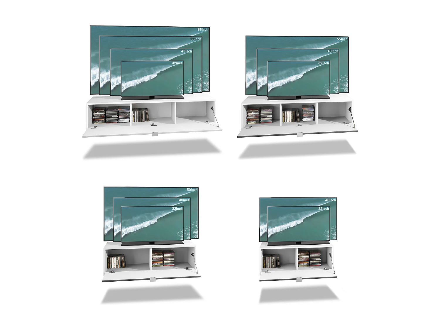 Parete attrezzata Lana V3 Centro di intrattenimento di 4 elementi sospesi con 10 ripiani, struttura in bianco opaco, frontali in grigio lucido