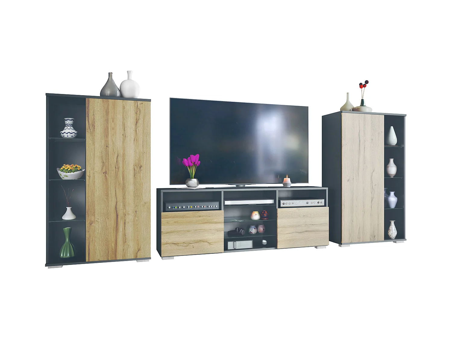 Ensemble mural Davos pour salon, comprenant 2 vitrines et 1 meuble TV, anthracite mat/chêne nature (329 x 134 x 35 cm)