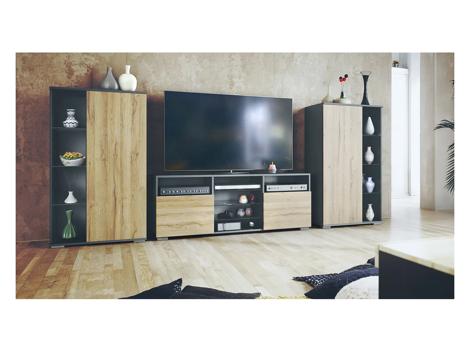 Ensemble mural Davos pour salon, comprenant 2 vitrines et 1 meuble TV, anthracite mat/chêne nature (329 x 134 x 35 cm)
