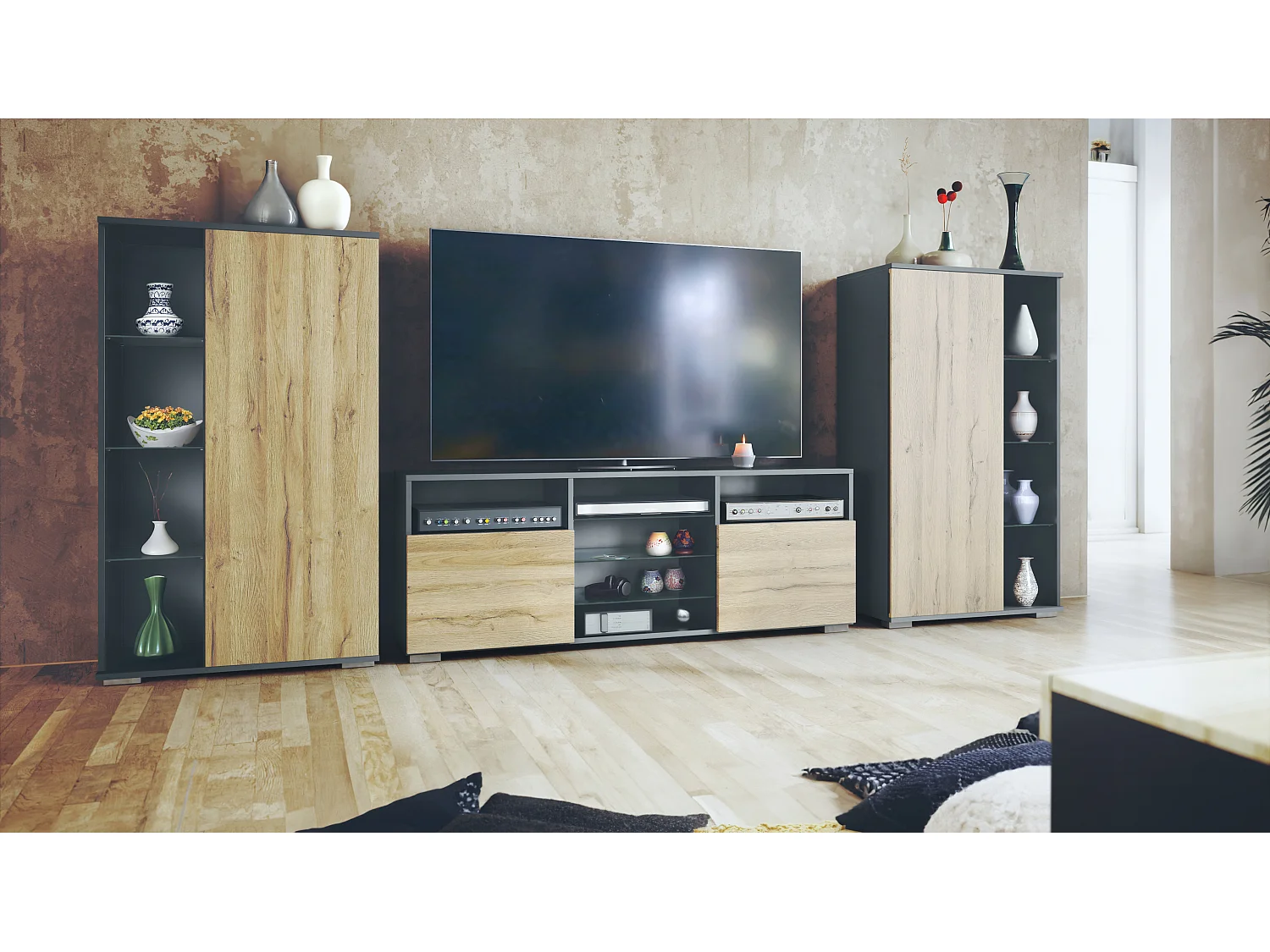 Ensemble mural Davos pour salon, comprenant 2 vitrines et 1 meuble TV, anthracite mat/chêne nature (329 x 134 x 35 cm)
