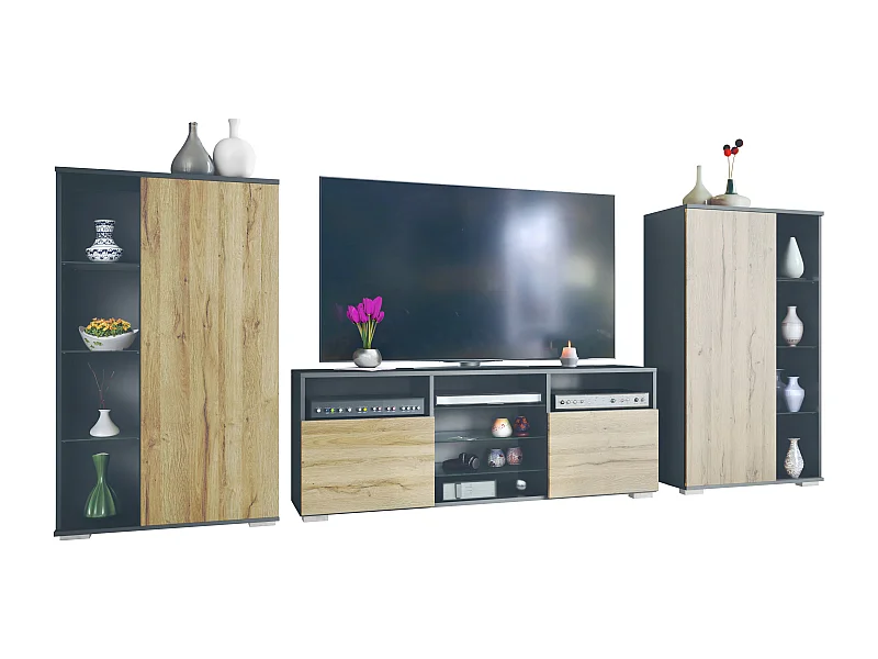 Ensemble mural Davos pour salon, comprenant 2 vitrines et 1 meuble TV, anthracite mat/chêne nature (329 x 134 x 35 cm)