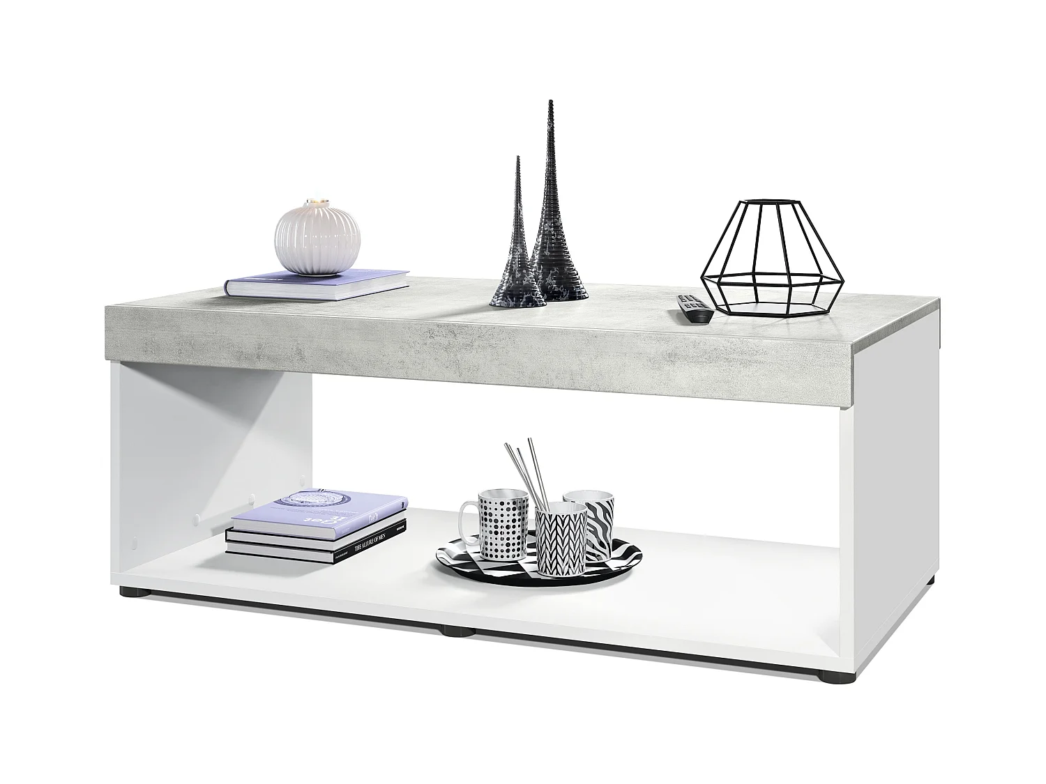 Table de salon Pure, Table basse rectangulaire, Blanc mat/Aspect Béton Oxyde (104 x 40,5 x 58 cm)